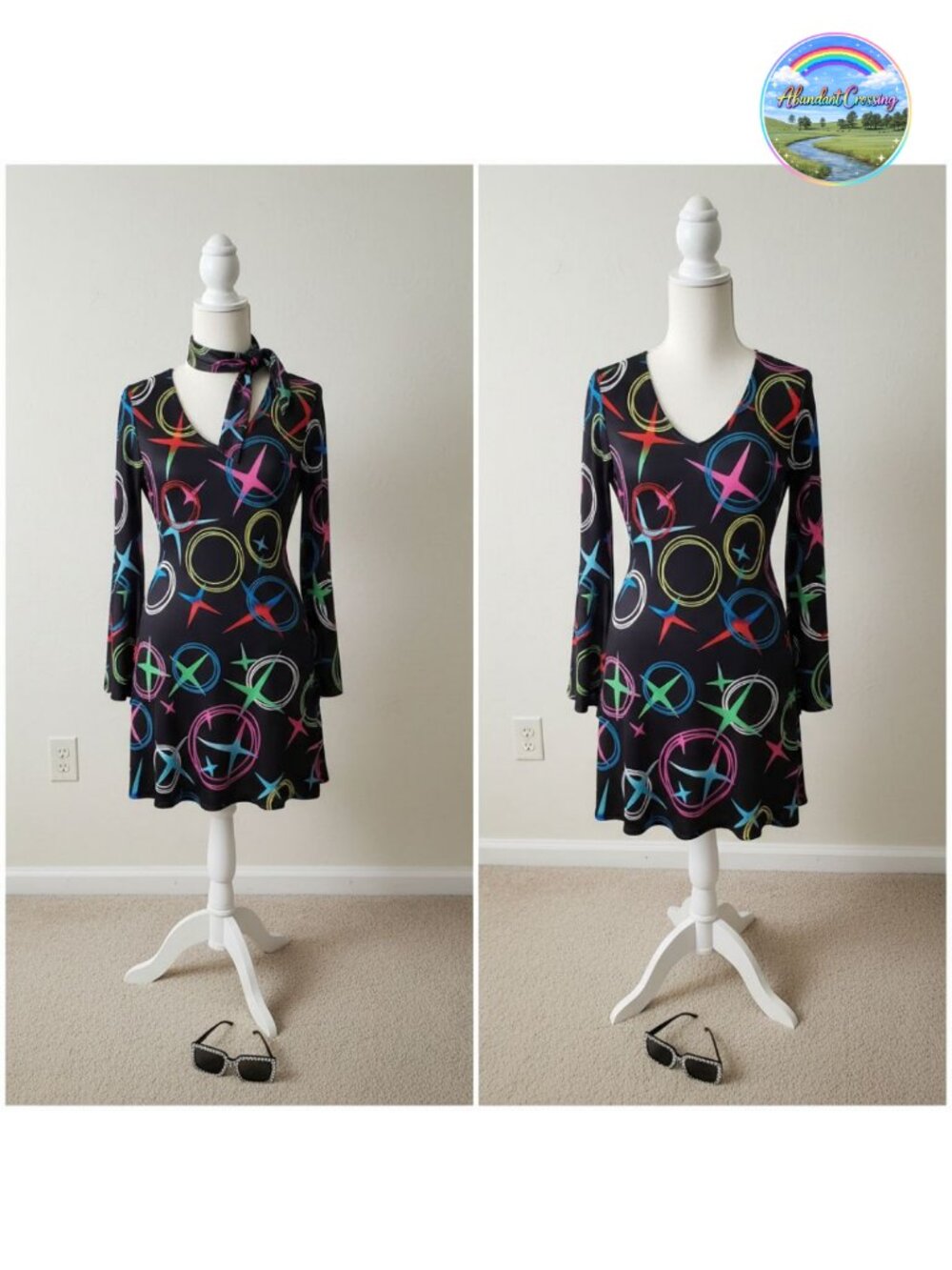 70s Disco Costume Dress Women V-Neck Long Sleeve Halloween Hippie Outfit